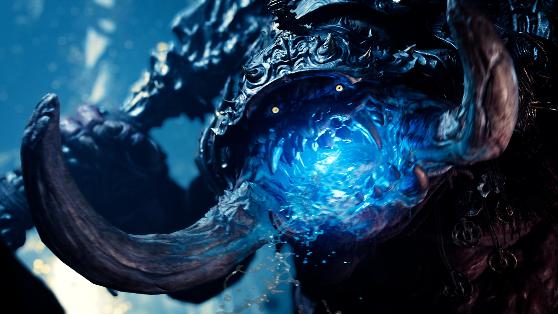 The massive tusked Genma Daidara gathers blue souls in its mouth