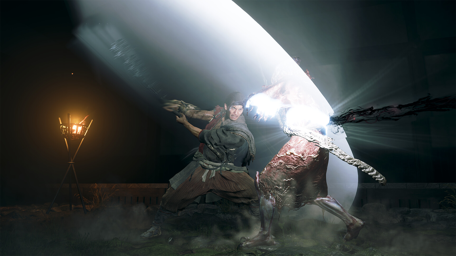 Musashi lands a bright diagonal sword strike on a Genma