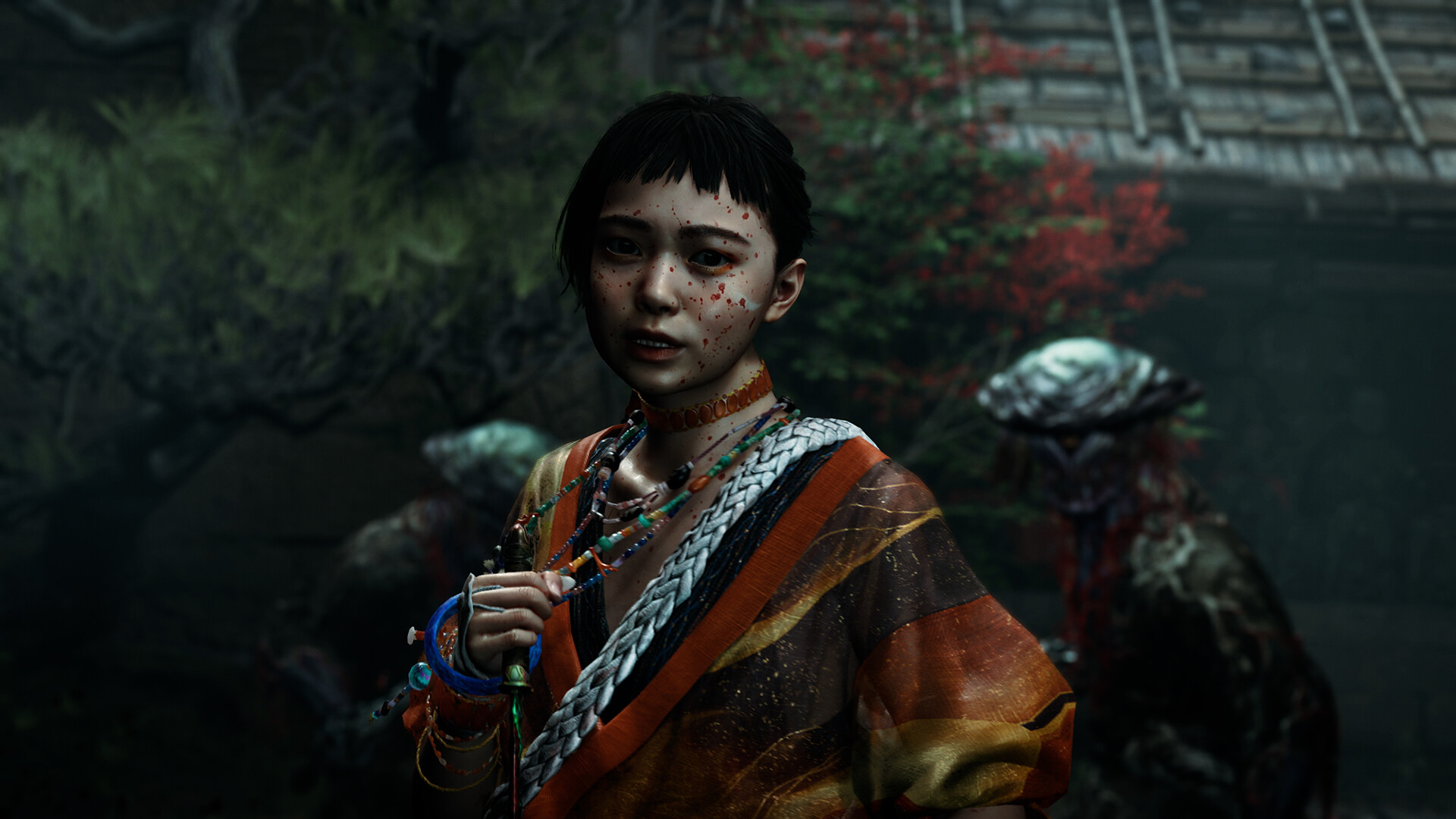 A frightened Kyoto resident stands before shadowed Genma under red Malice motes