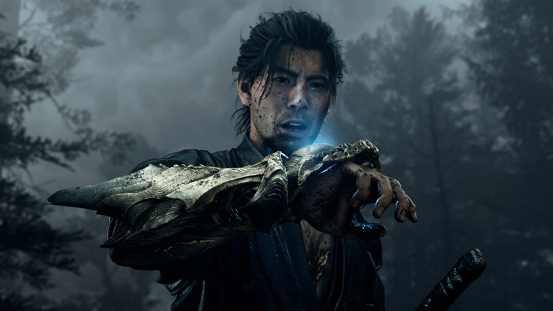 Miyamoto Musashi raises the Oni Gauntlet in a rain-darkened forest