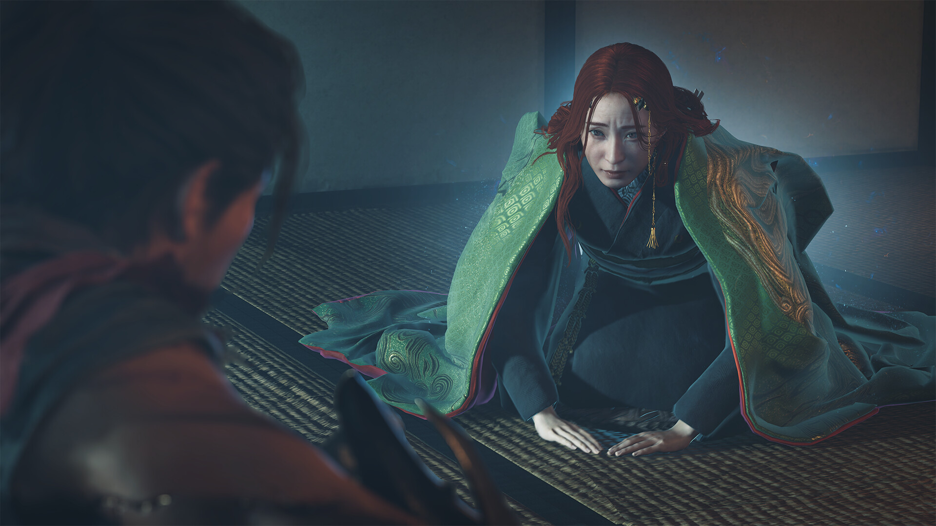 The Oni Lady appears before Musashi in layered green and crimson robes