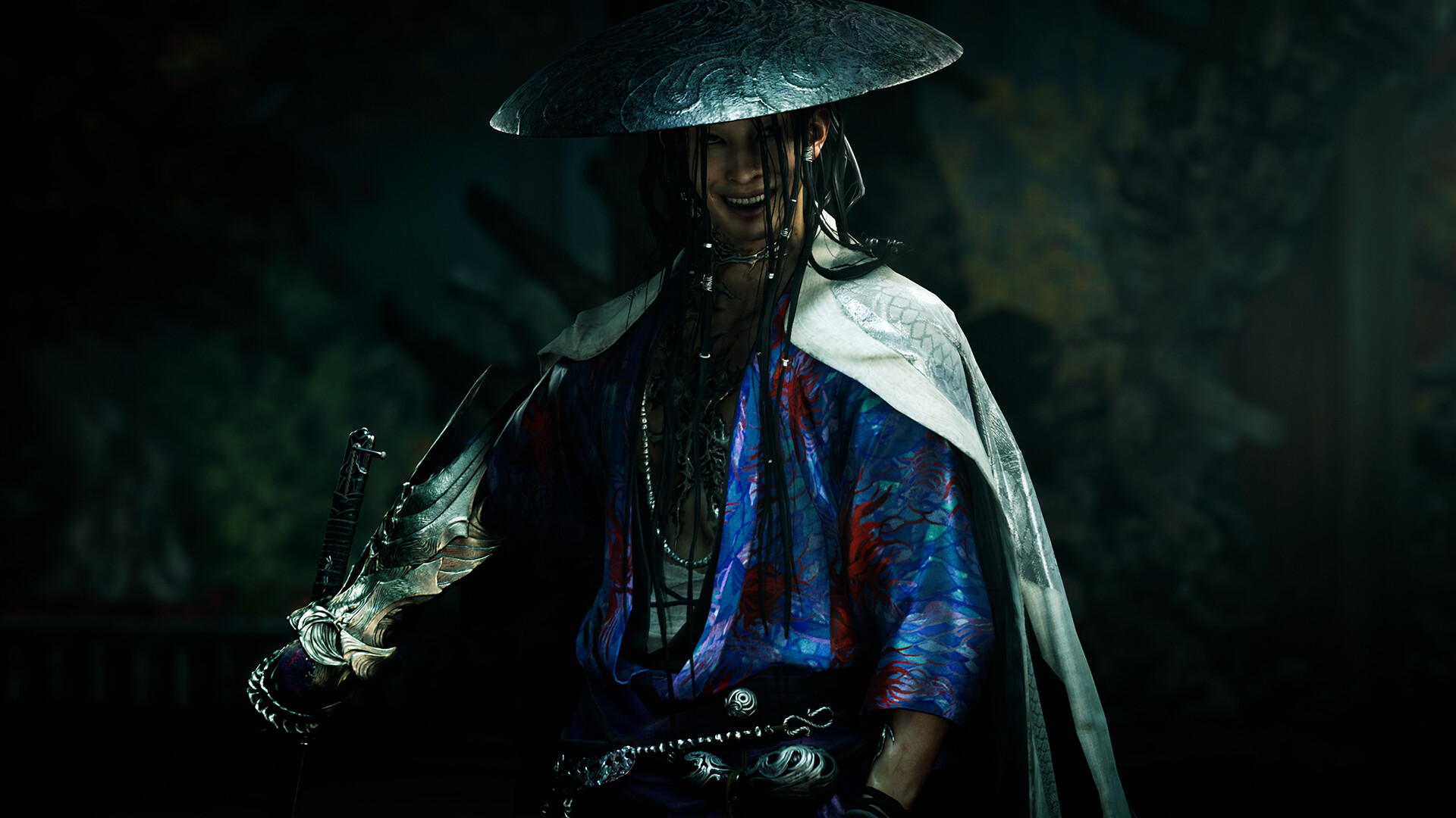 Sasaki Ganryu stands with a sheathed sword beneath a broad travel hat